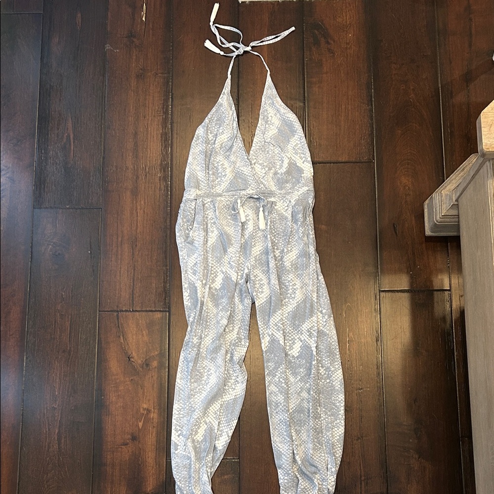 Open back snakeskin long pant romper with tassel details